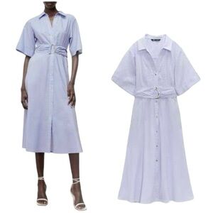 Zara Blue White Striped Belted Midi Shirt Dress NWT | Size S